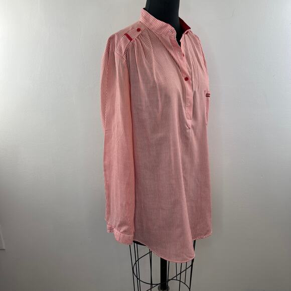 EASSON Red White Striped Long Sleeve Mandarin Collar Pocket Popover Top Blouse - Picture 3 of 8